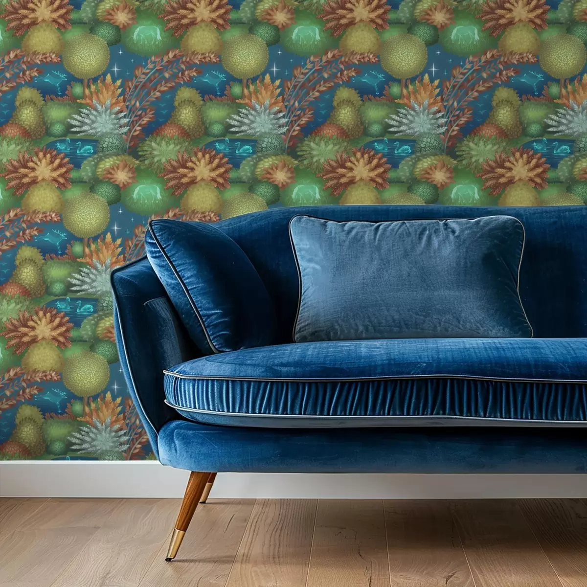 Pozadina Bajkoviti noćni vrt s jezerom i svjetlećim životinjama a00851