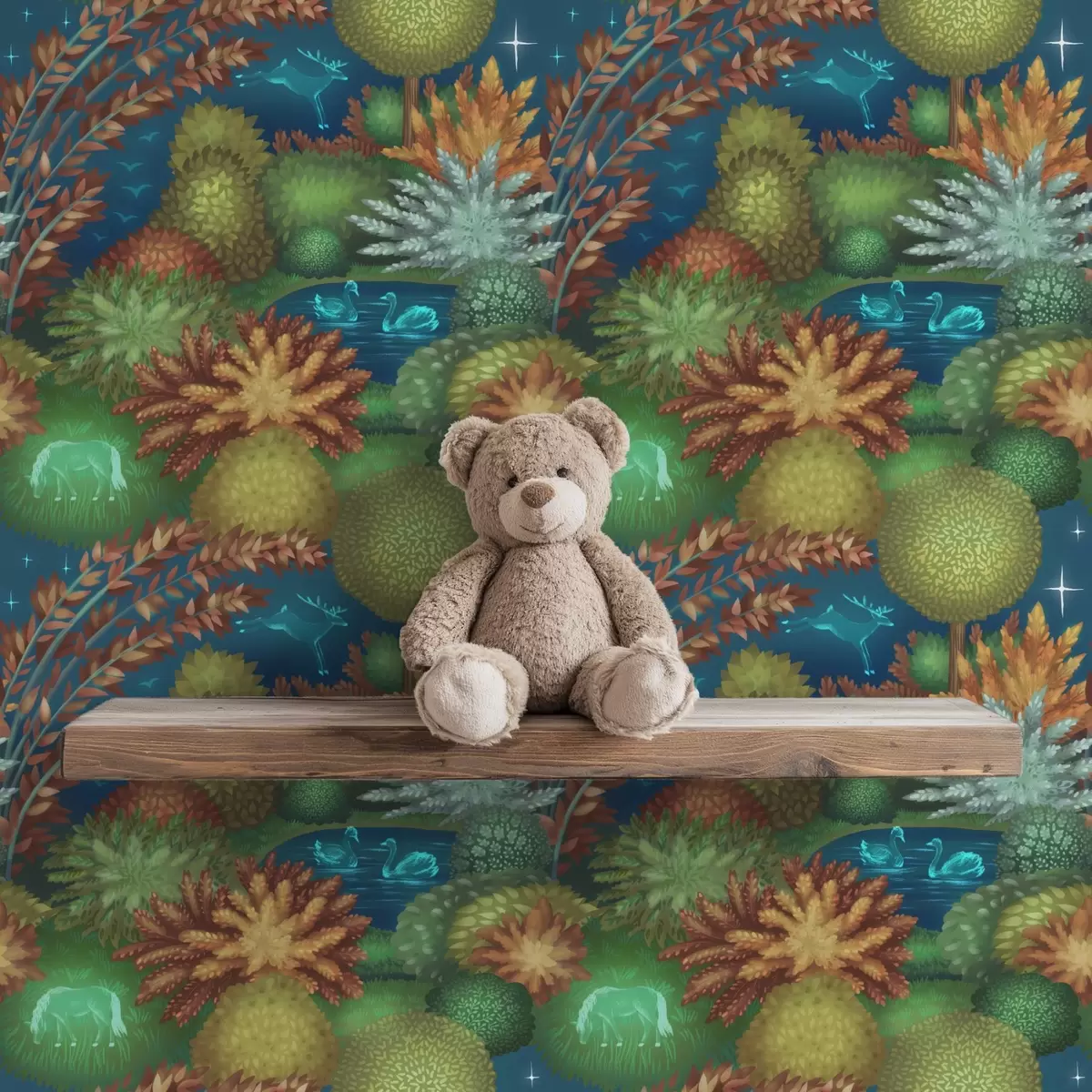 Pozadina Bajkoviti noćni vrt s jezerom i svjetlećim životinjama a00851