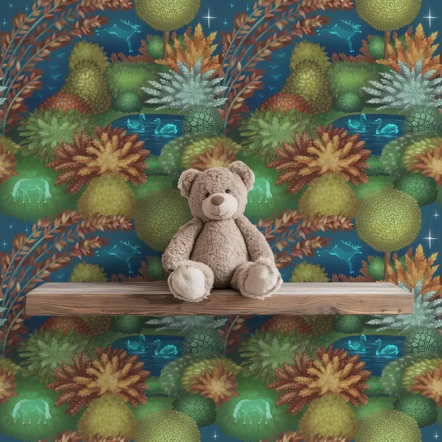 zidne murale Bajkoviti noćni vrt s jezerom i svjetlećim životinjama a00851