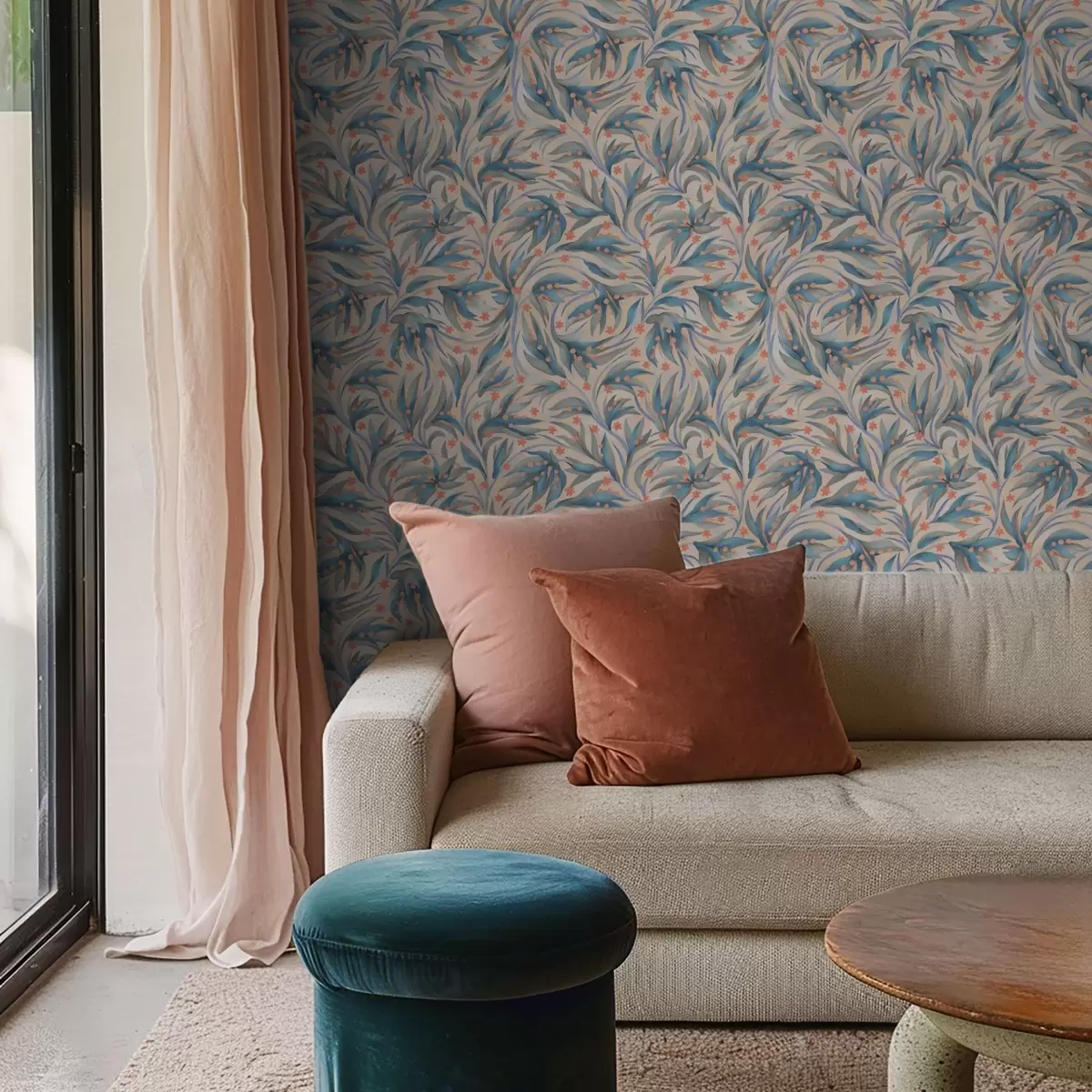 Pozadina Apstraktno plavo lišće s koraljnim cvjetovima a00852