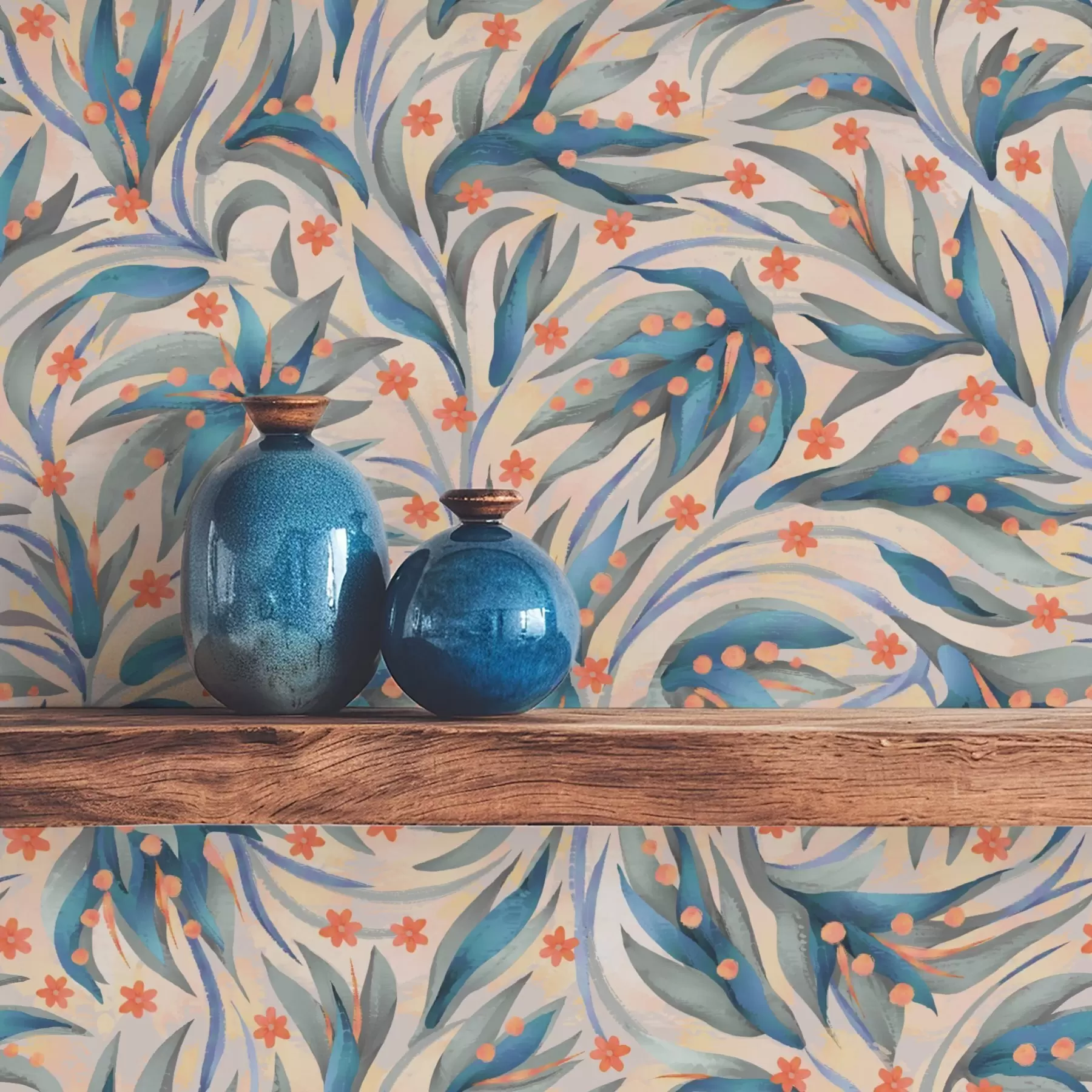 zidne murale Apstraktno plavo lišće s koraljnim cvjetovima a00852