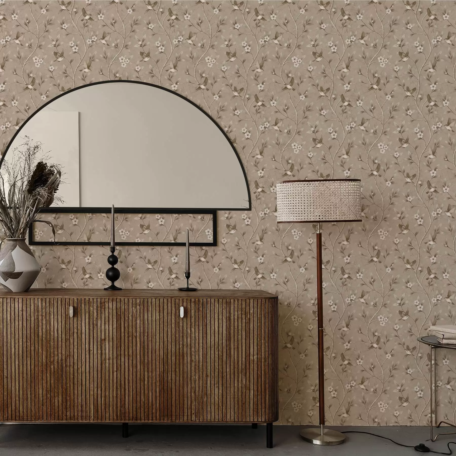 zidne murale Ptice i cvjetajuće grane u toplim sepija tonovima a00882