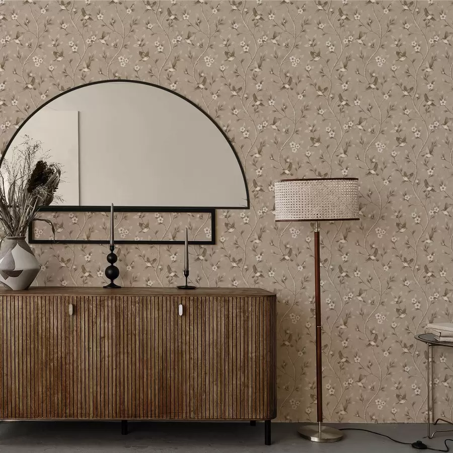 zidne murale Ptice i cvjetajuće grane u toplim sepija tonovima a00882