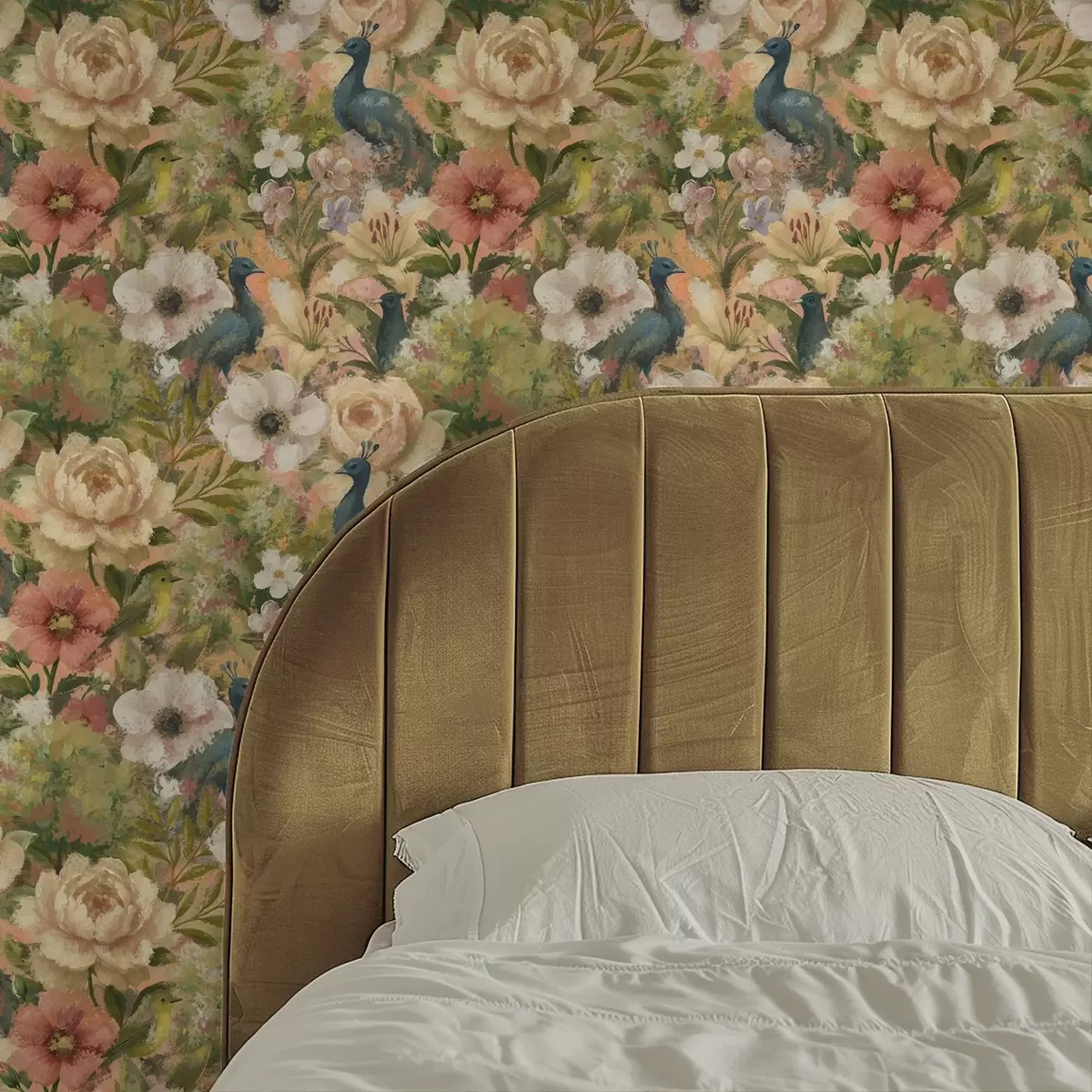 Pozadina Slikovit vrt s paunovima i velikim cvijećem a00885