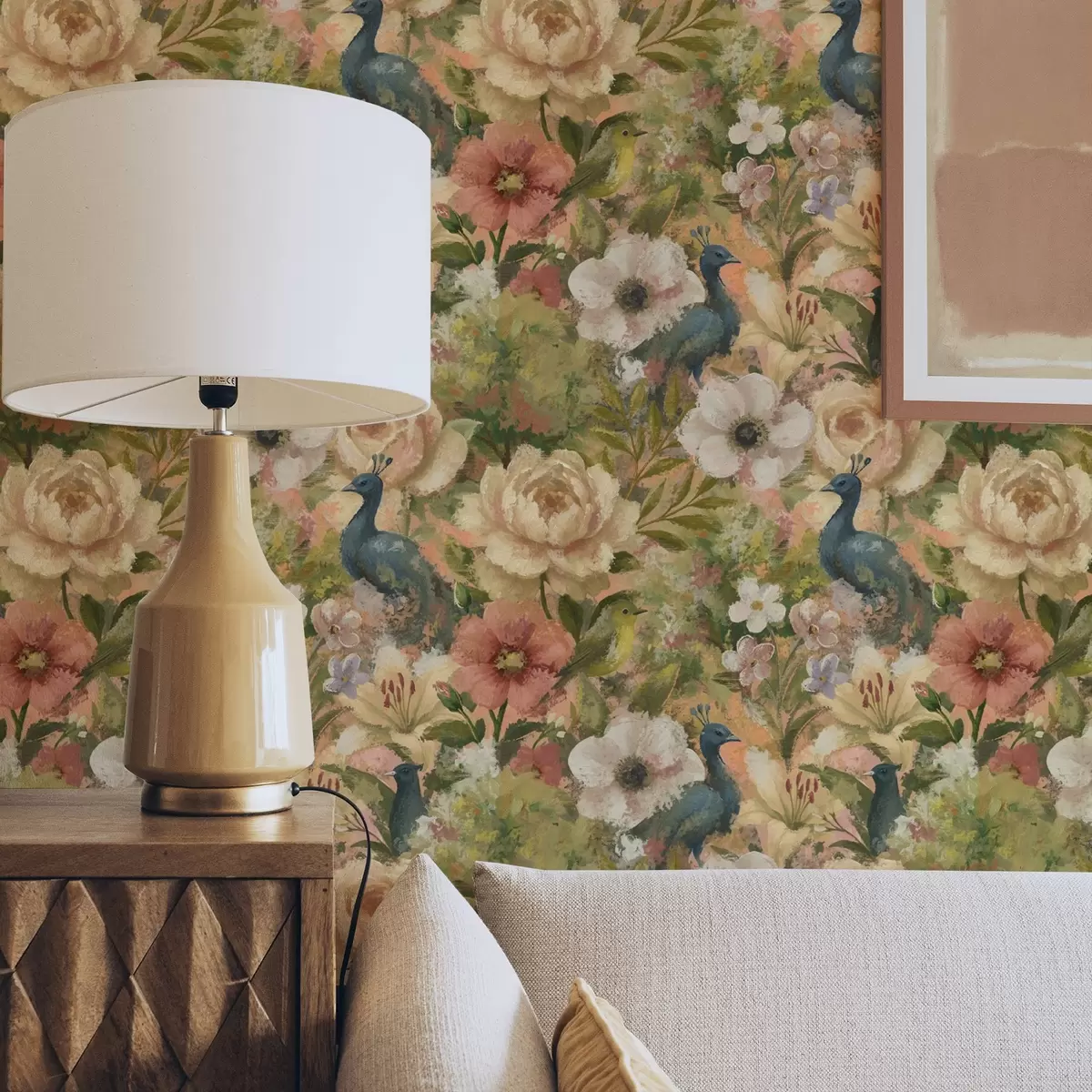 Pozadina Slikovit vrt s paunovima i velikim cvijećem a00885