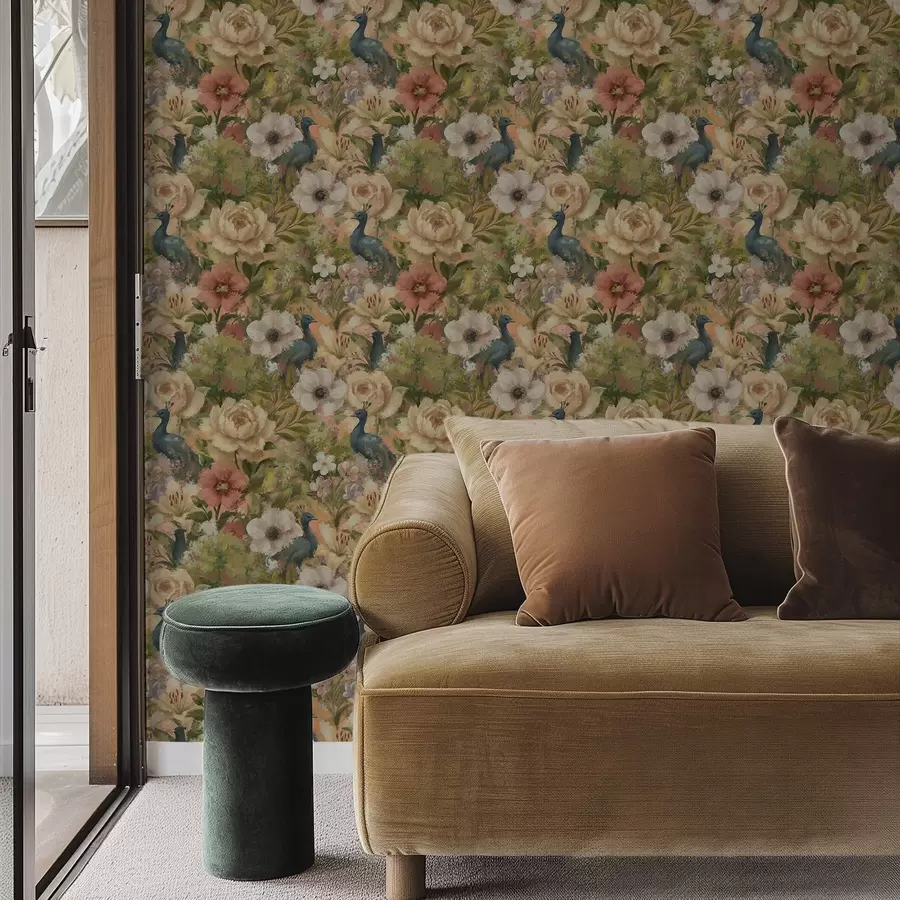 zidne murale Slikovit vrt s paunovima i velikim cvijećem a00885