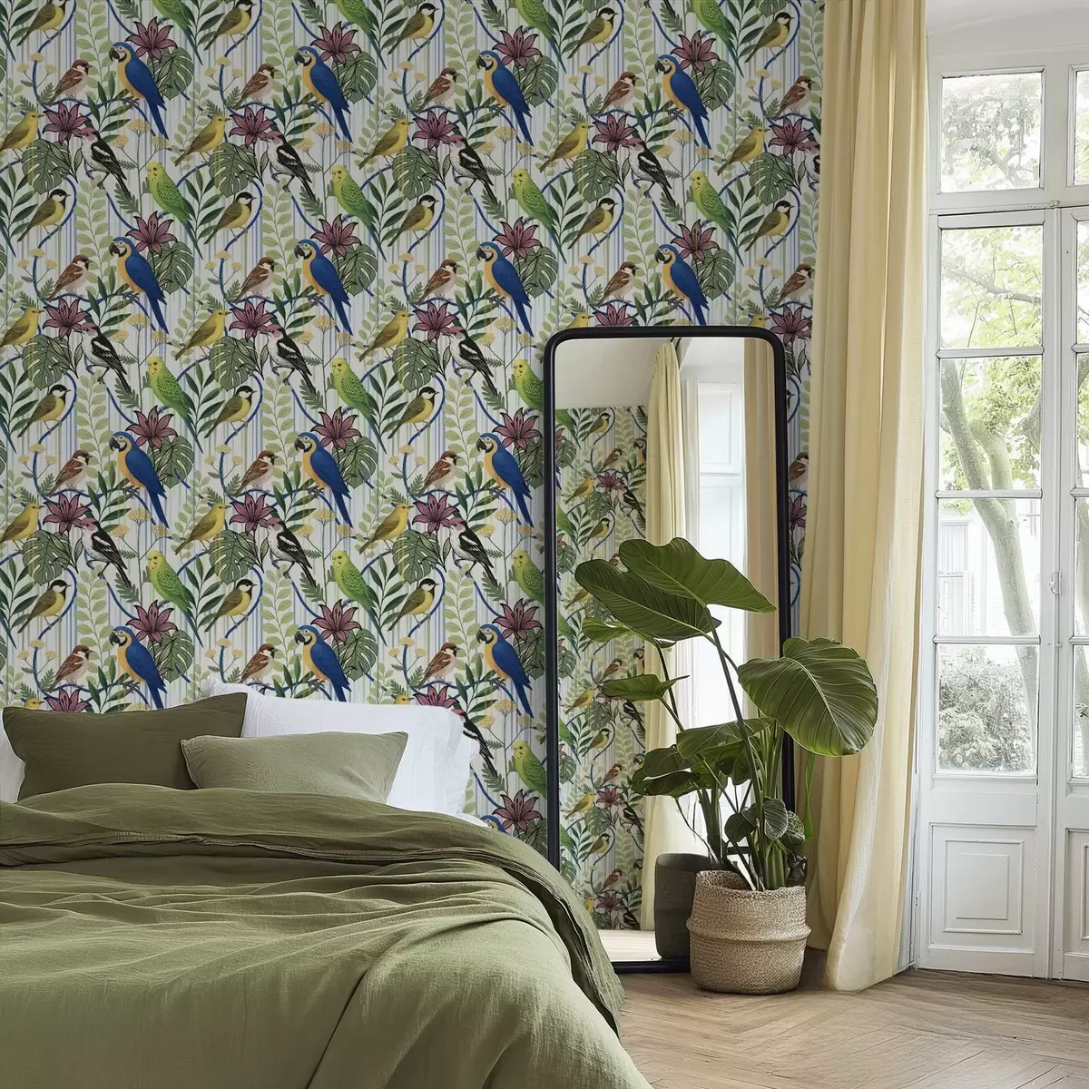 Pozadina Svijetle egzotične ptice među tropskim zelenilom a00887