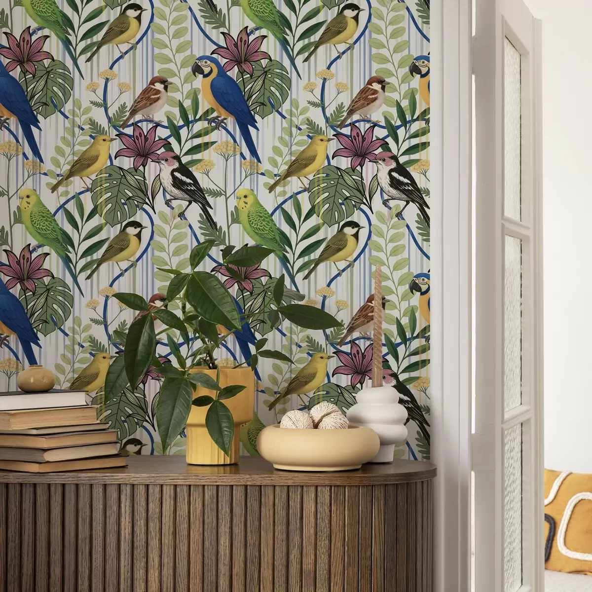 Pozadina Svijetle egzotične ptice među tropskim zelenilom a00887