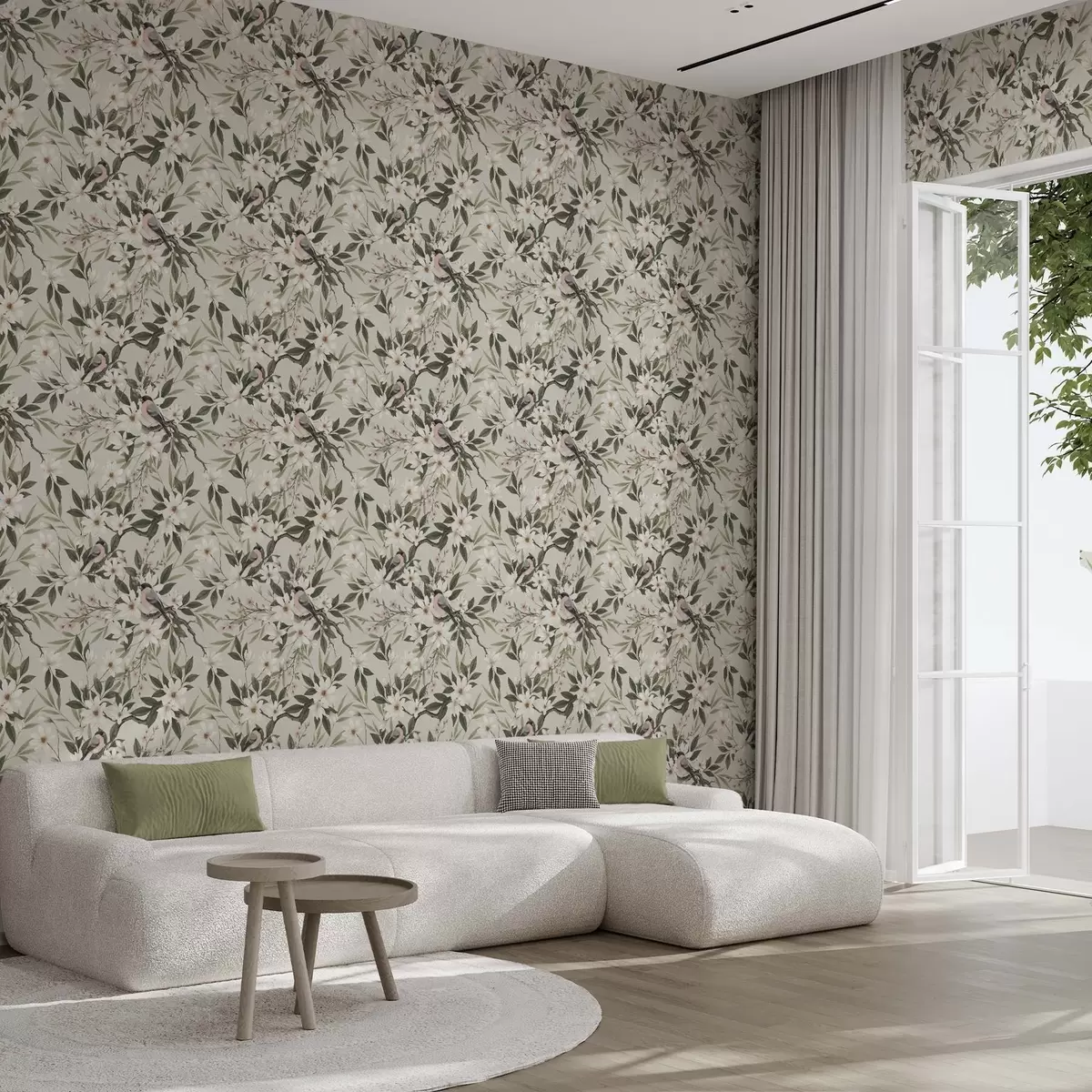 Pozadina Zebice s bijelim prsima na granama s krem cvjetovima a00889