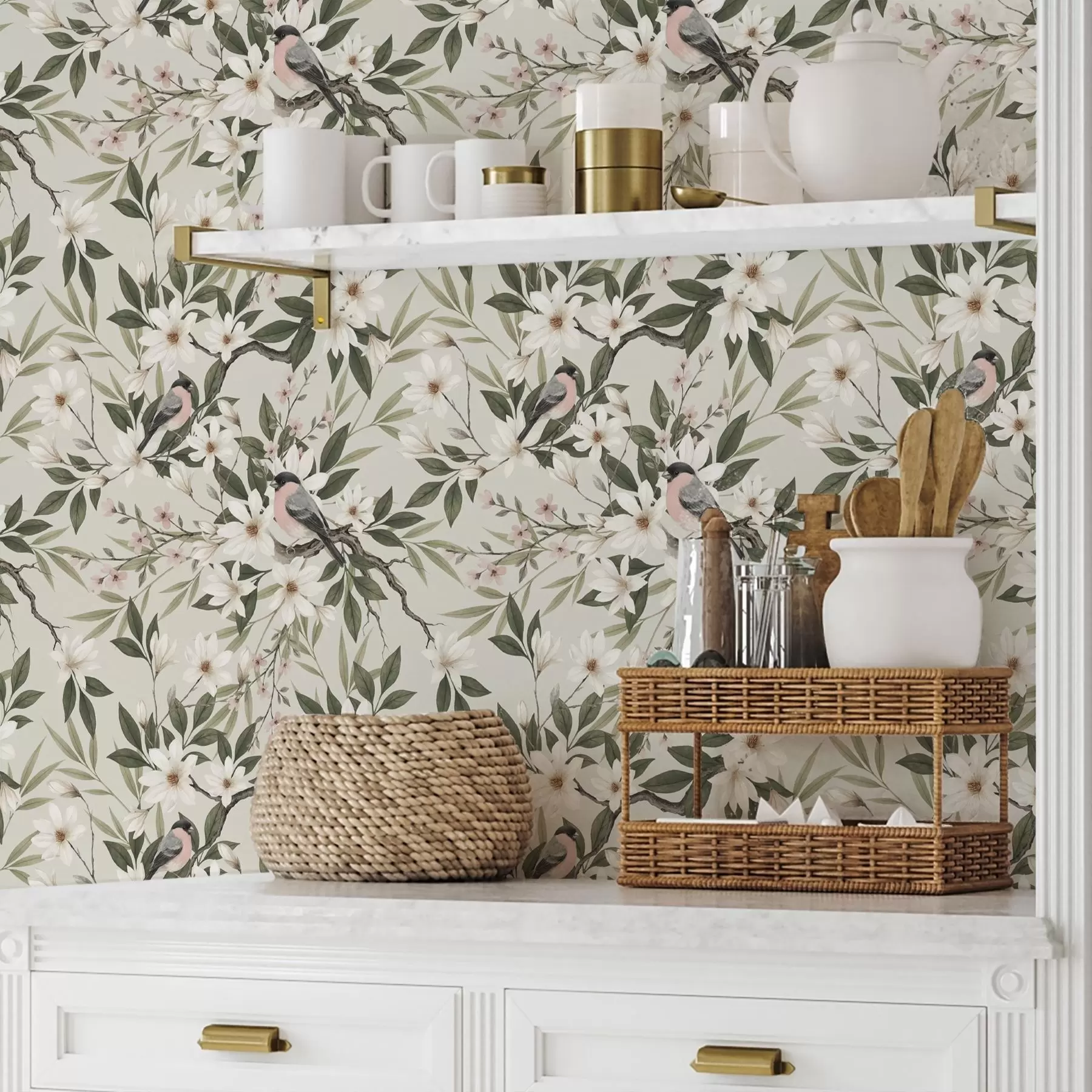 zidne murale Zebice s bijelim prsima na granama s krem cvjetovima a00889