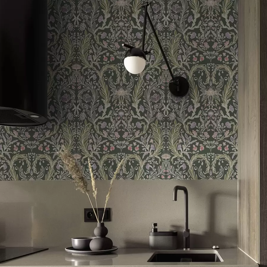 zidne murale Simetrični cvjetni ornament na tamnozelenoj pozadini a00928
