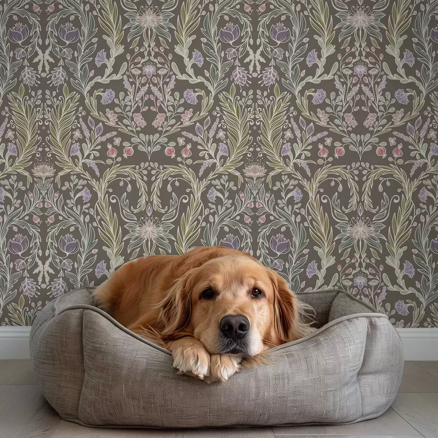 zidne murale Simetrični cvjetovi i listovi na smeđe-sivoj pozadini a00928v2