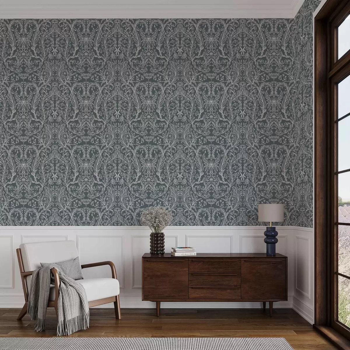 Pozadina Linearni cvjetni ornament na plavkastosivoj pozadini a00929v1