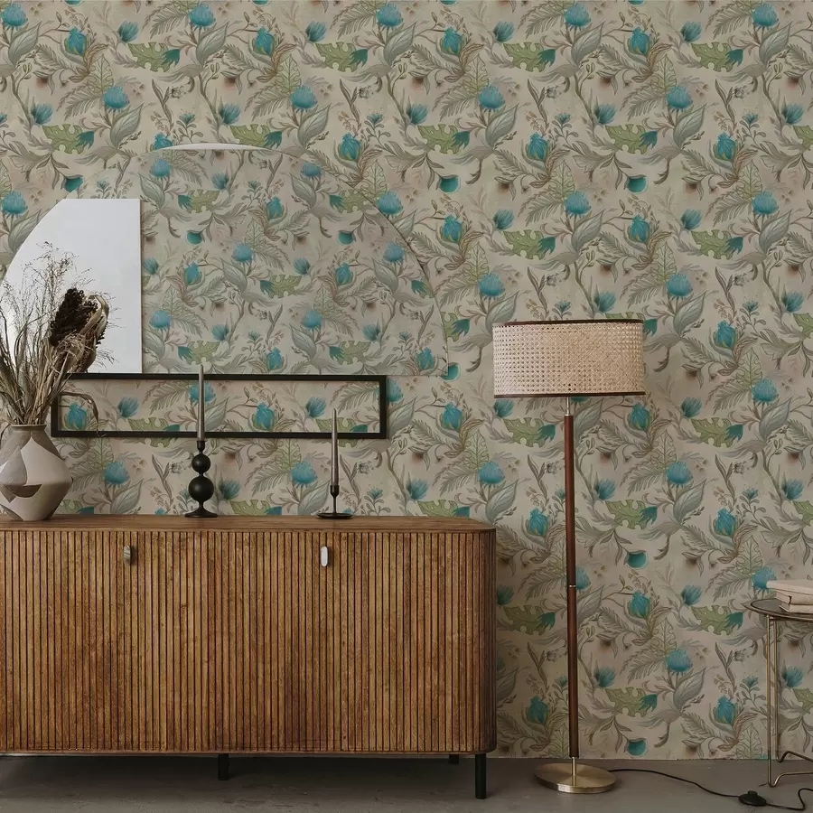 zidne murale Plavi pupoljci i lišće na svijetlo bež pozadini a00930