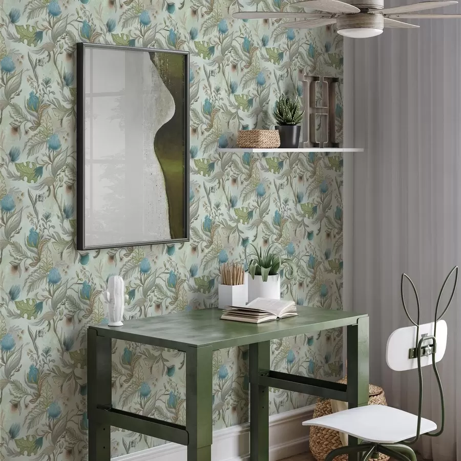 zidne murale Plavo cvijeće i zelenilo na mekoj mint pozadini a00930v1