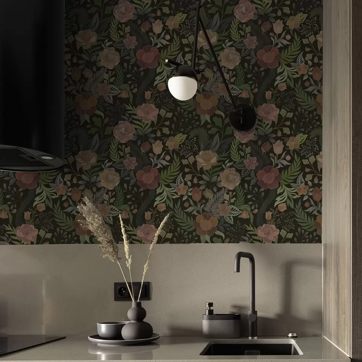 Pozadina Bogato cvijeće i zelenilo na dubokoj tamnoj pozadini a00932