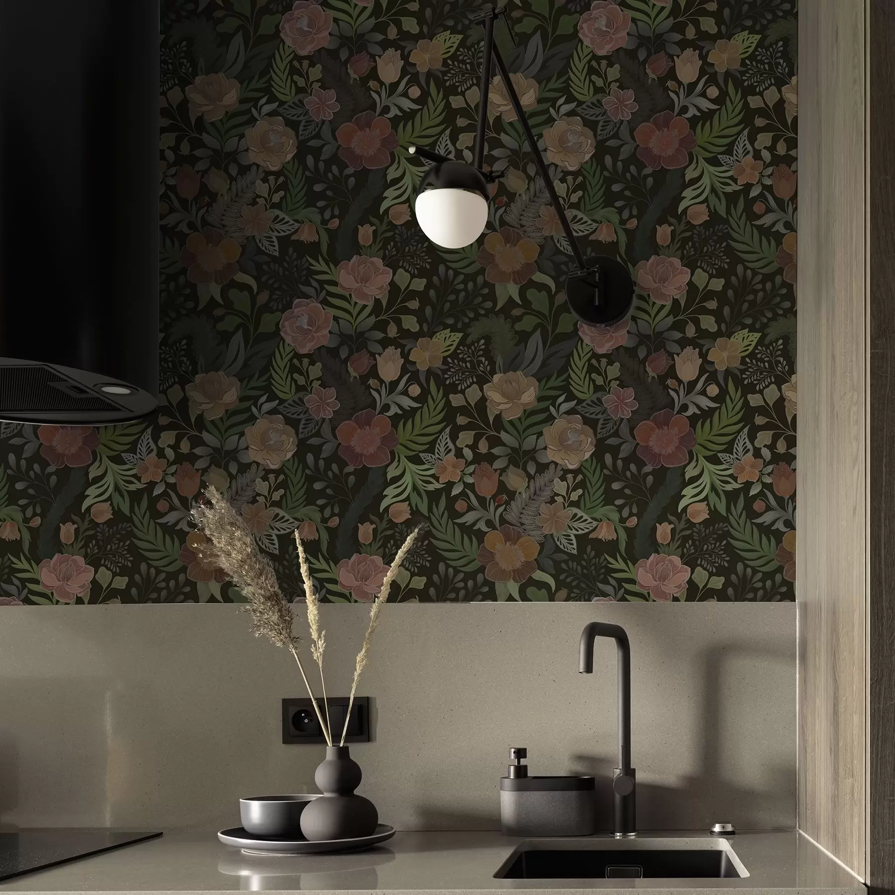 zidne murale Bogato cvijeće i zelenilo na dubokoj tamnoj pozadini a00932