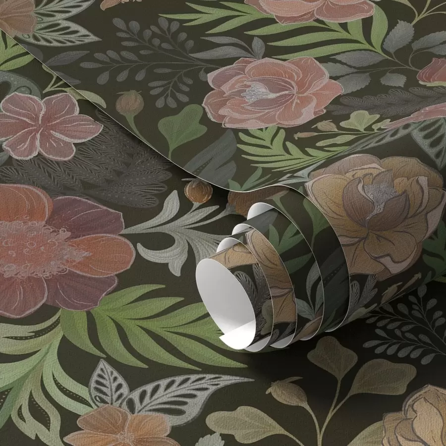 zidne murale Bogato cvijeće i zelenilo na dubokoj tamnoj pozadini a00932