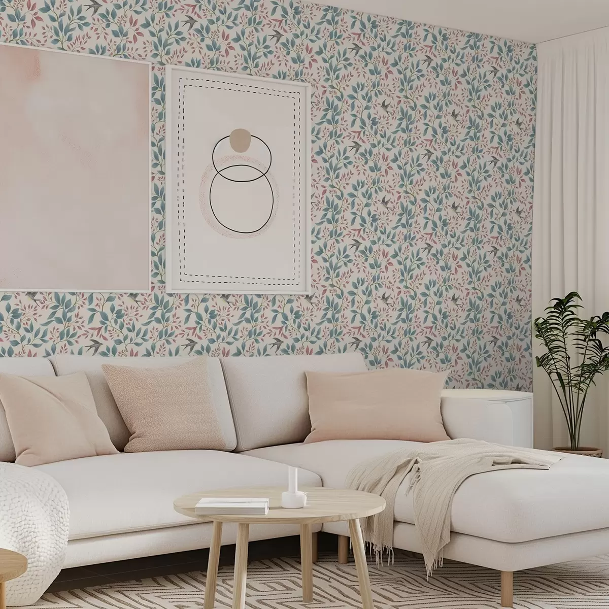 Pozadina Plave i ružičaste grane s pticama na krem pozadini a00933