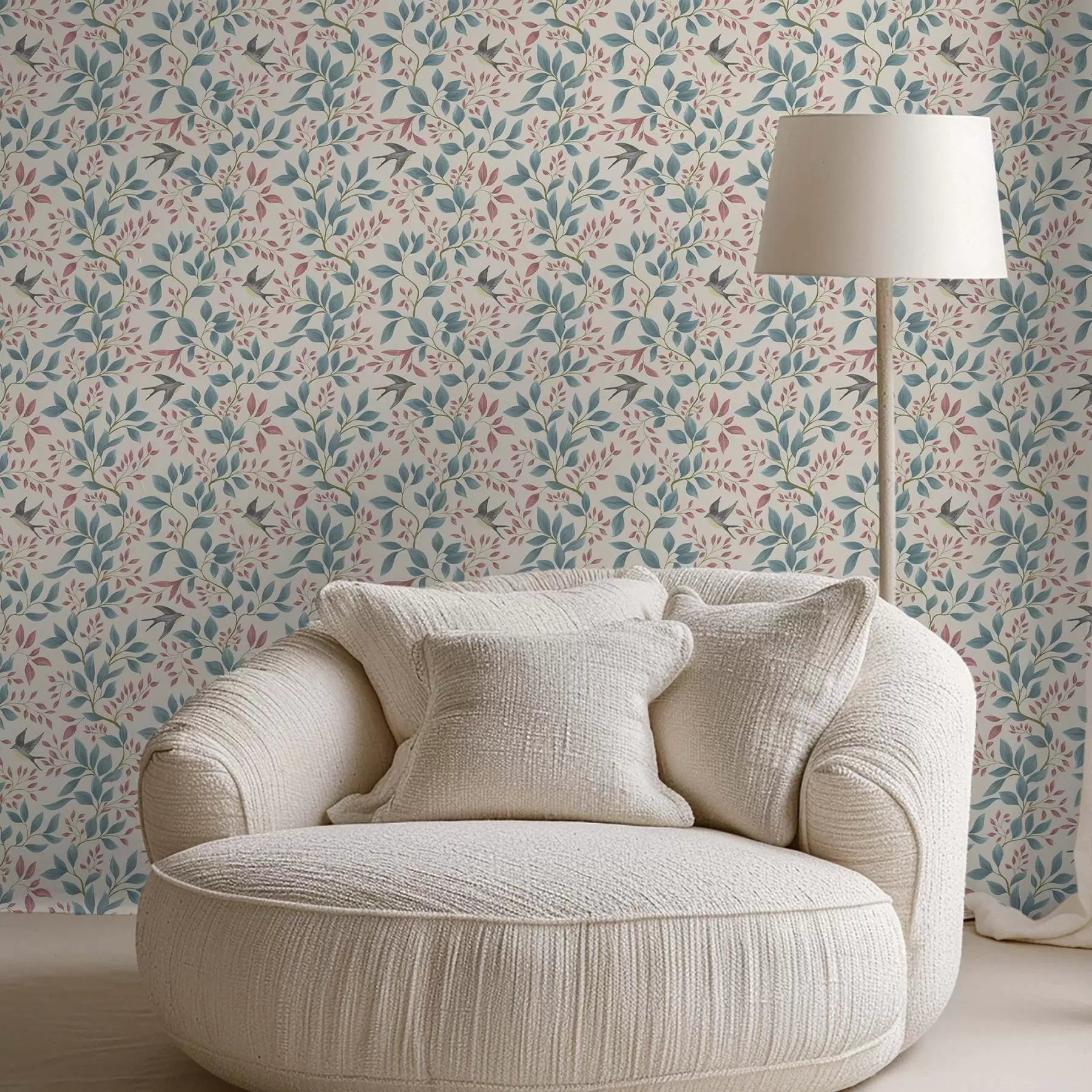 zidne murale Plave i ružičaste grane s pticama na krem pozadini a00933