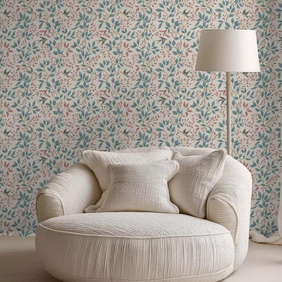 zidne murale Plave i ružičaste grane s pticama na krem pozadini a00933