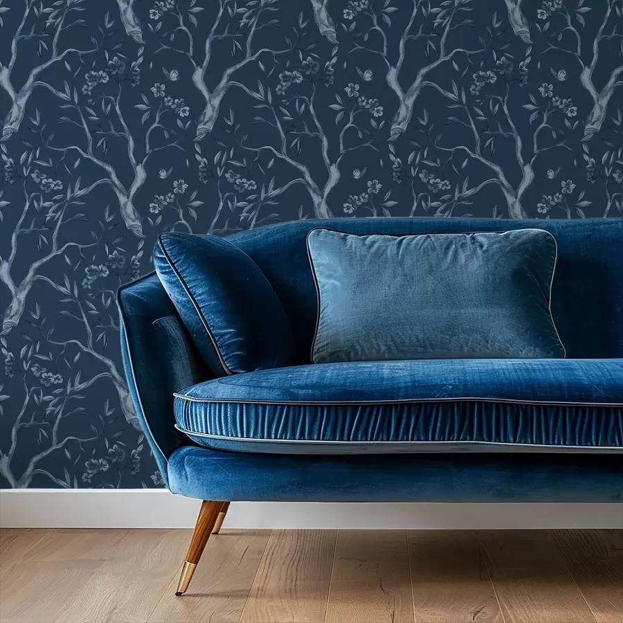 zidne murale Plave cvjetajuće grane s leptirima na tamnoj pozadini a00951v1