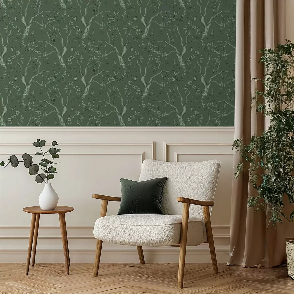 Pozadina Zelene cvjetne grane s leptirima na dubokoj pozadini a00951v3