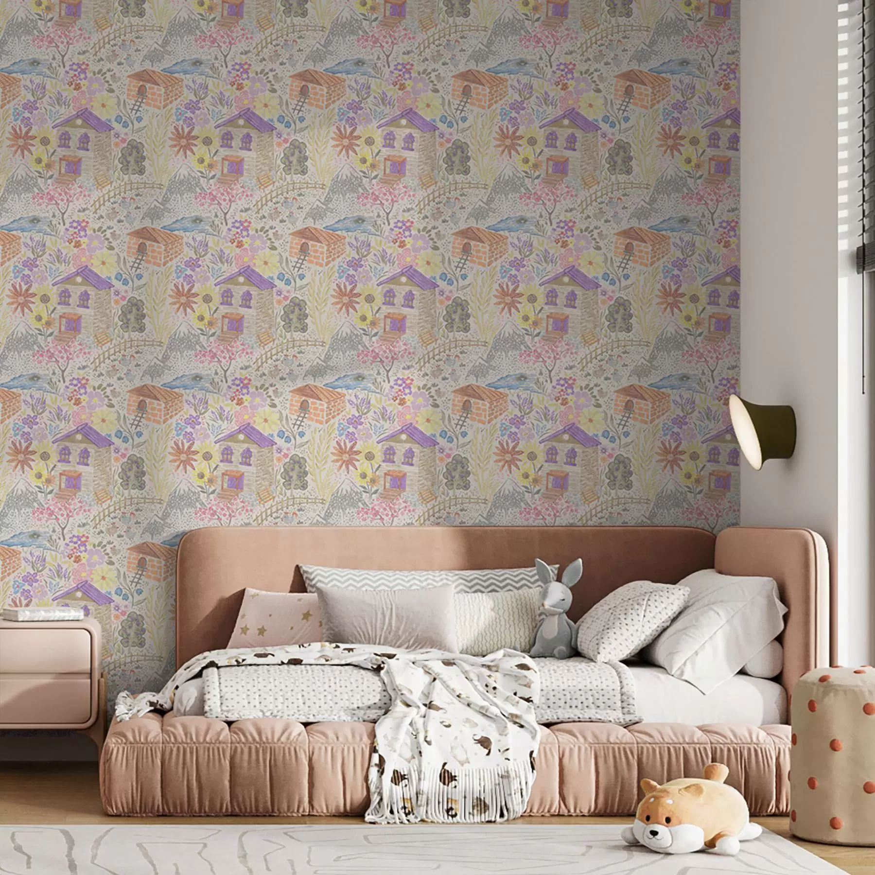 zidne murale Dječji crtež sela s kućom, planinama i cvijećem a00952