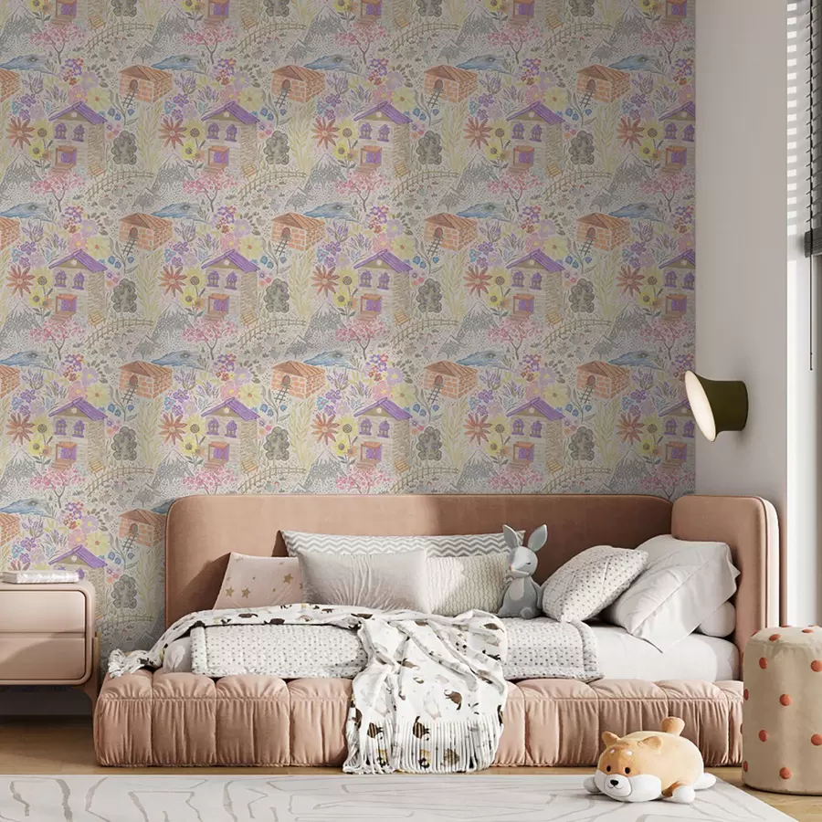 zidne murale Dječji crtež sela s kućom, planinama i cvijećem a00952