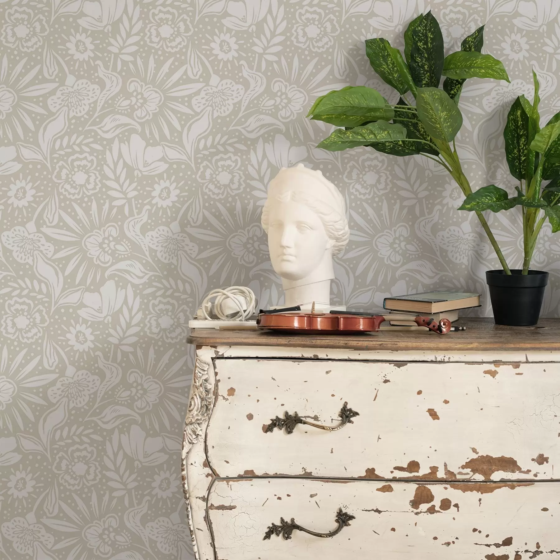 zidne murale Bijeli linearni cvjetni ornament na bež pozadini a00956