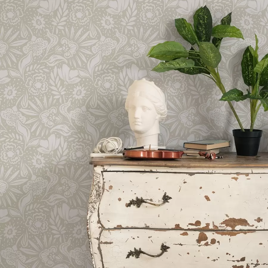 zidne murale Bijeli linearni cvjetni ornament na bež pozadini a00956