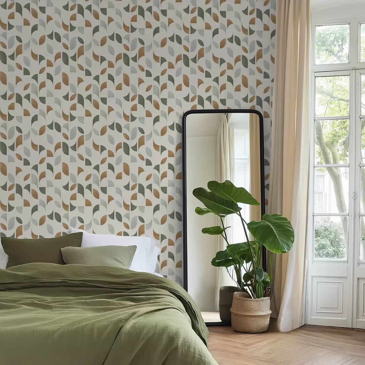 Pozadina Apstraktni polukrugovi i lišće u zelenoj i terakota boji a00985