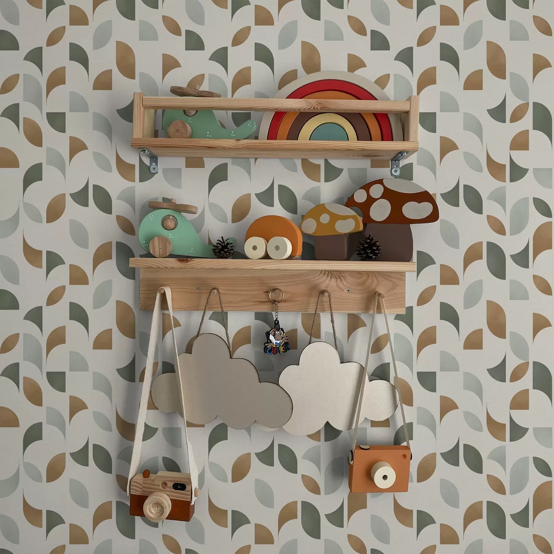 zidne murale Apstraktni polukrugovi i lišće u zelenoj i terakota boji a00985