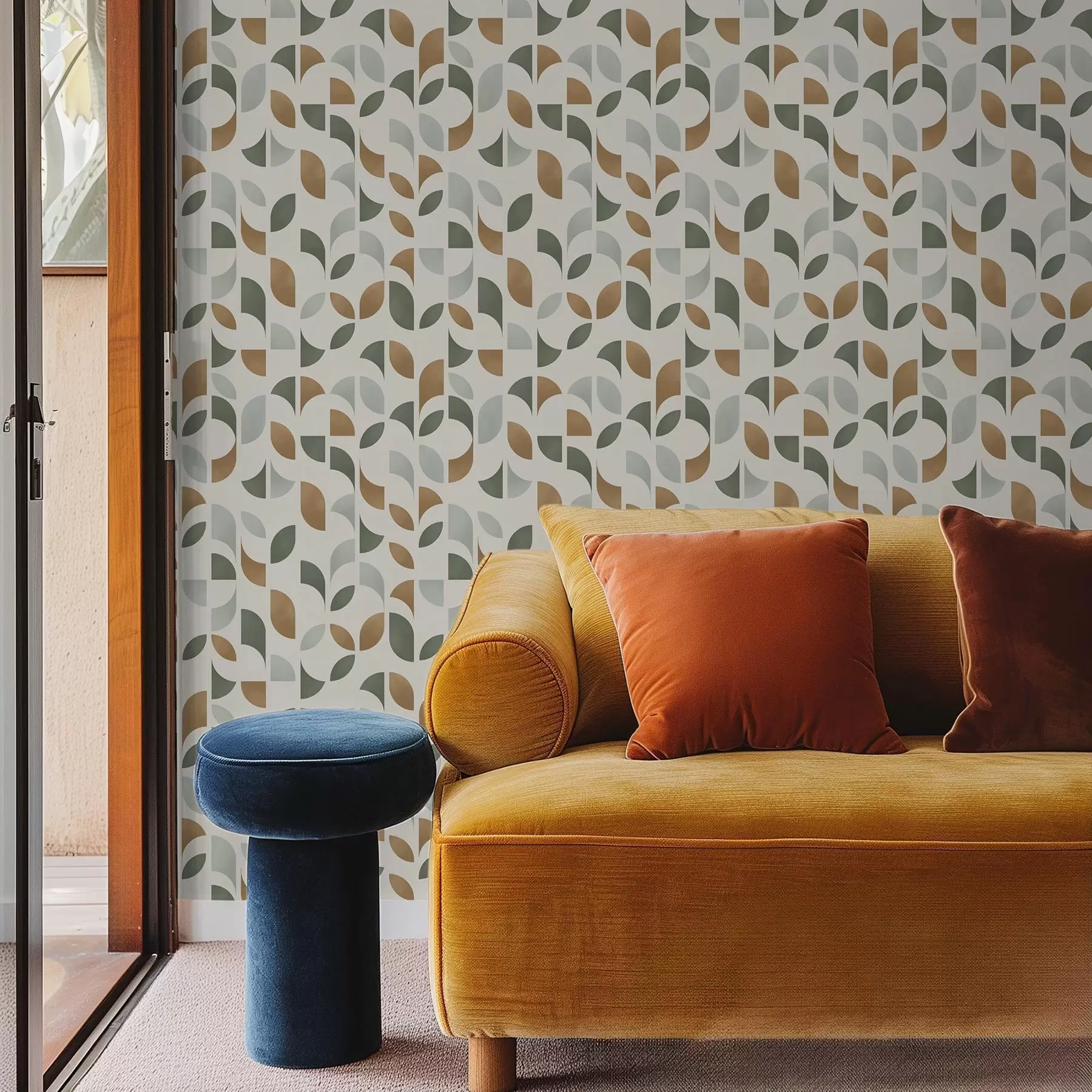 zidne murale Vertikalni stupovi od polukrugova i lišća, zeleno-terakotna a00986