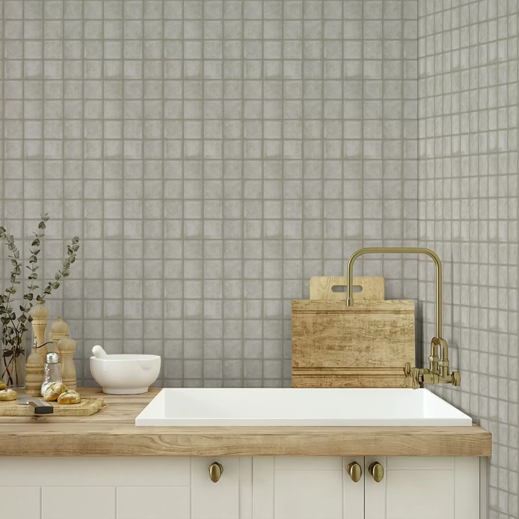 zidne murale Imitacija kvadratnih pločica u nježnoj sivo-zelenoj paleti a00988