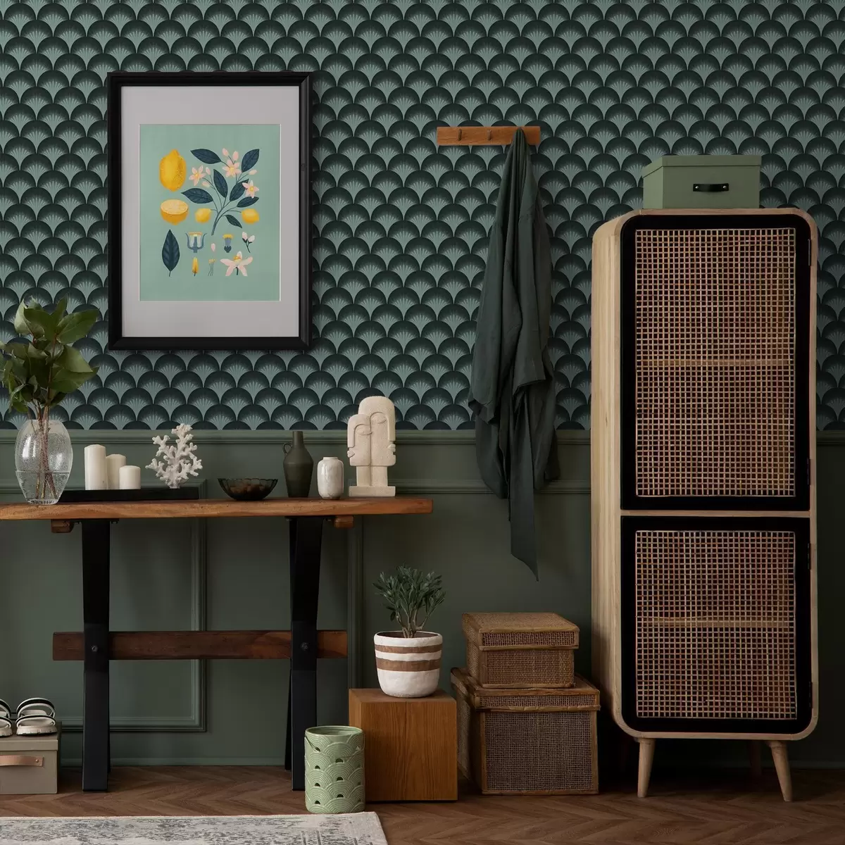 Pozadina Kontrastne lepeze boje mente na gotovo crnoj pozadini a00990