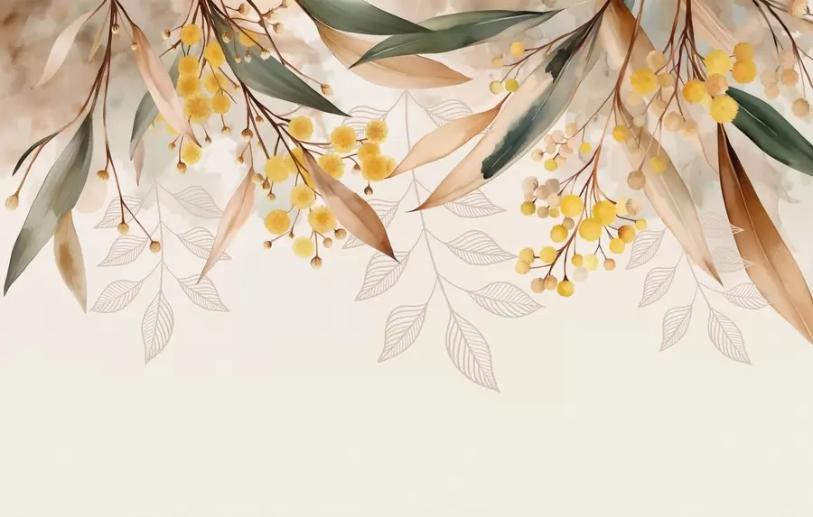 zidne murale Cvijeće i lišće mimoze padaju odozgo u akvarelnom stilu w04880