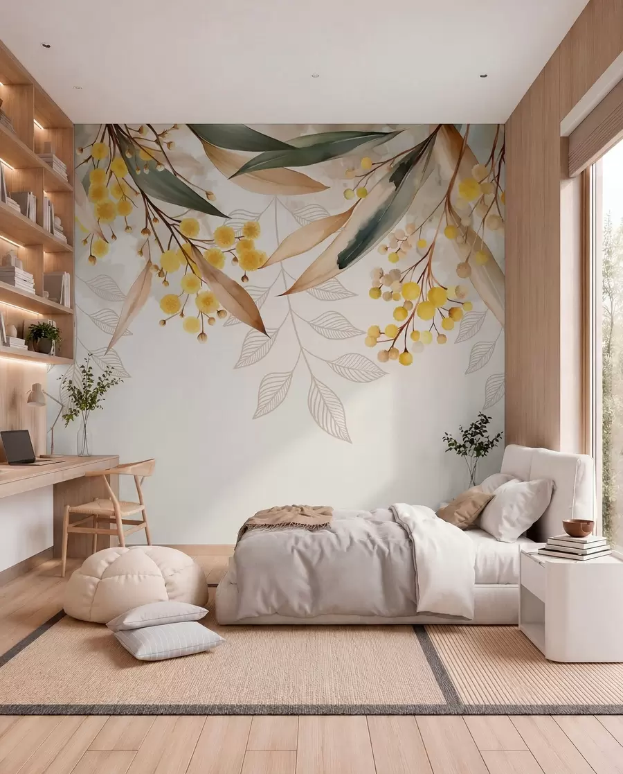 zidne murale Cvijeće i lišće mimoze padaju odozgo u akvarelnom stilu w04880