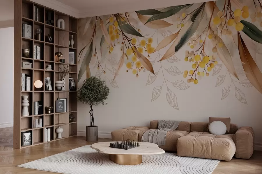 zidne murale Cvijeće i lišće mimoze padaju odozgo u akvarelnom stilu w04880