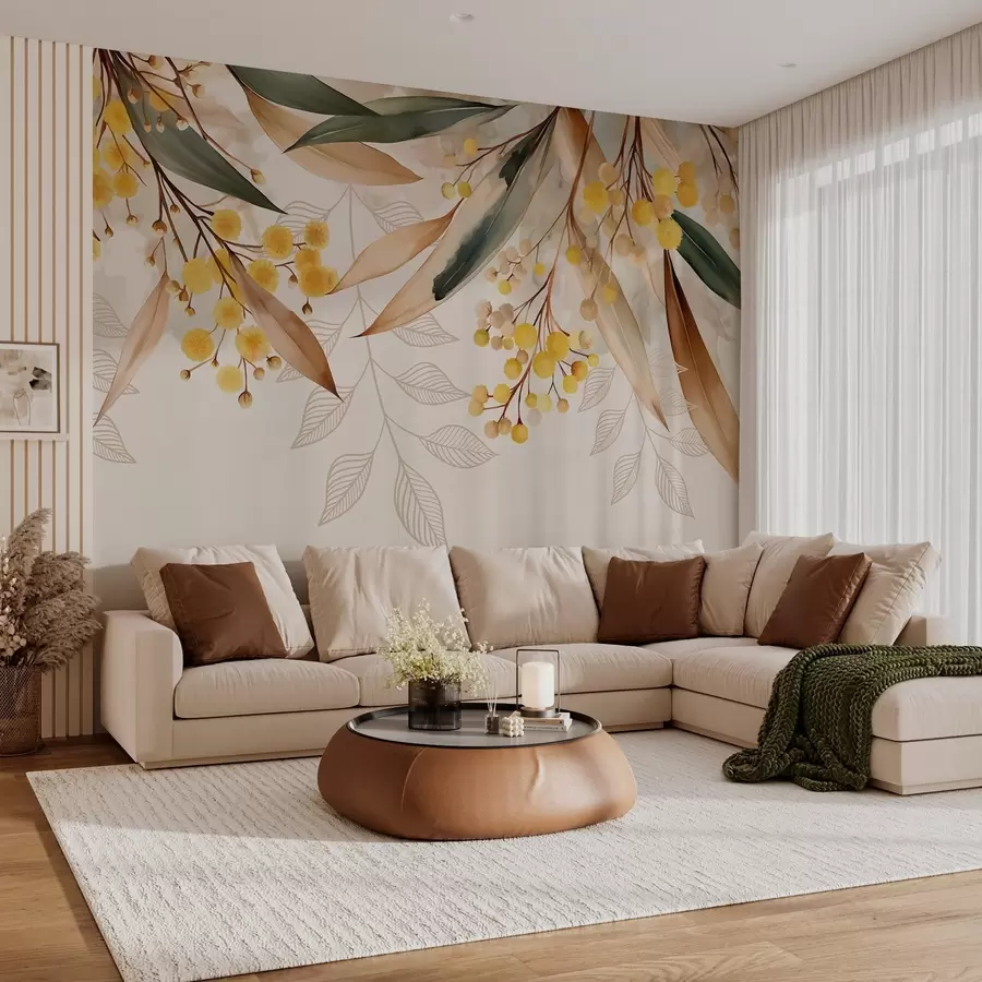 zidne murale Cvijeće i lišće mimoze padaju odozgo u akvarelnom stilu w04880