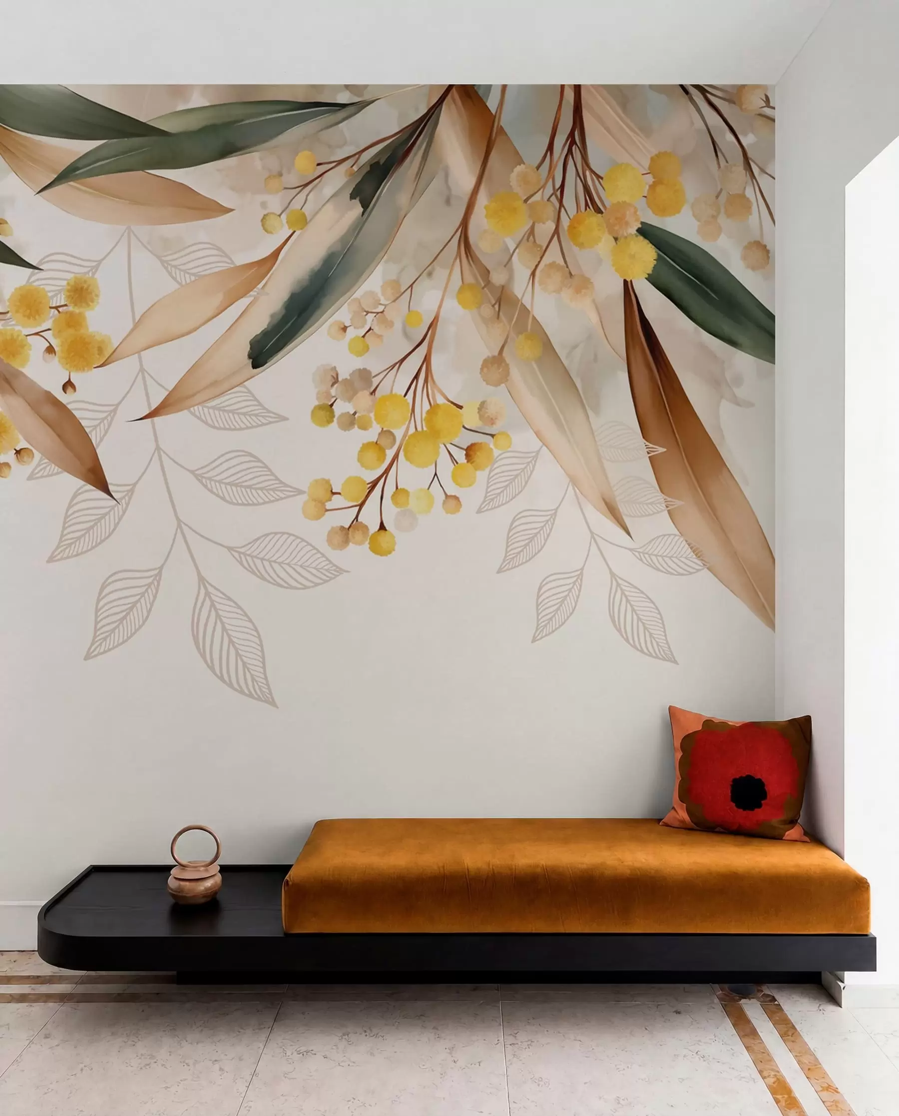 zidne murale Cvijeće i lišće mimoze padaju odozgo u akvarelnom stilu w04880