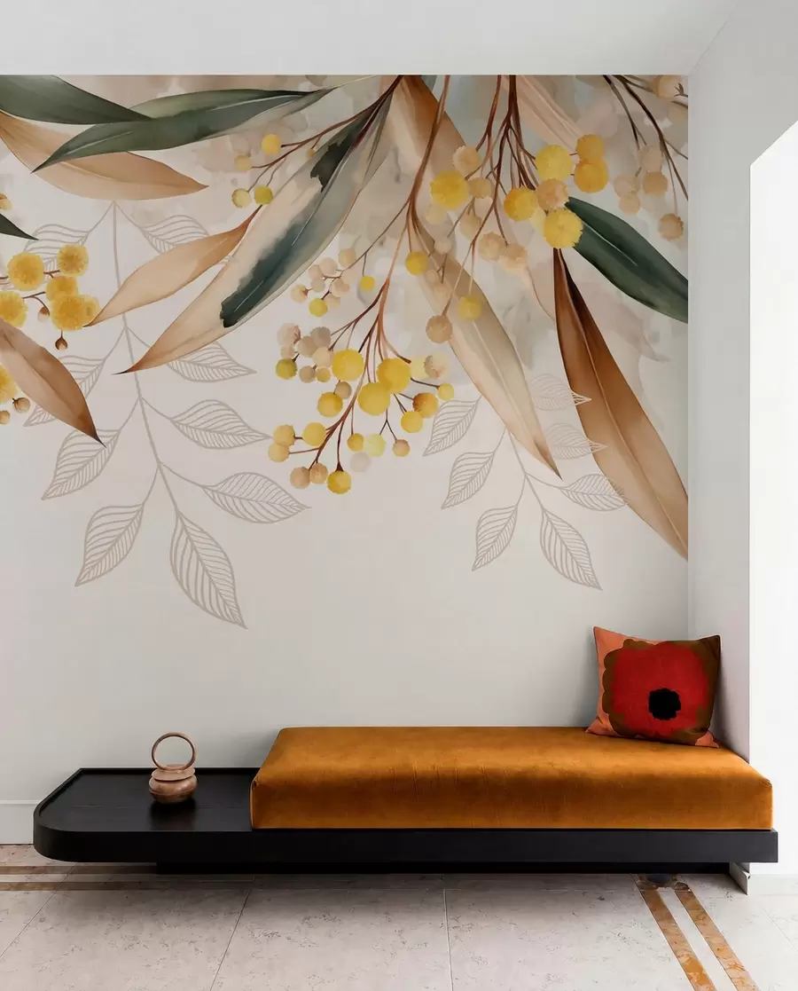 zidne murale Cvijeće i lišće mimoze padaju odozgo u akvarelnom stilu w04880