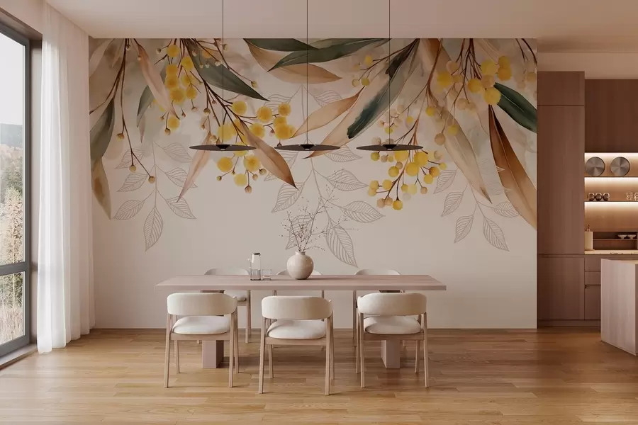 zidne murale Cvijeće i lišće mimoze padaju odozgo u akvarelnom stilu w04880