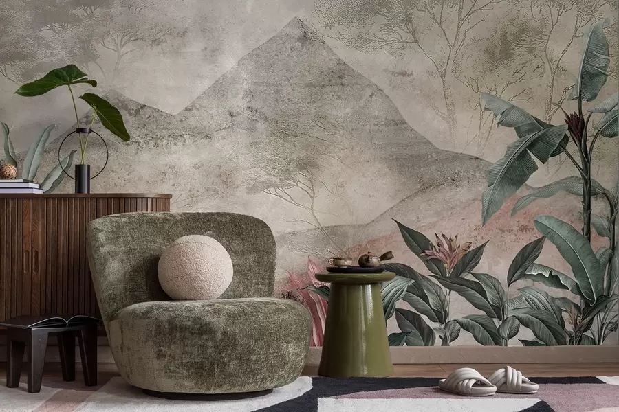 zidne murale Pastelni listovi banane i tropsko cvijeće nasuprot planinama w04933