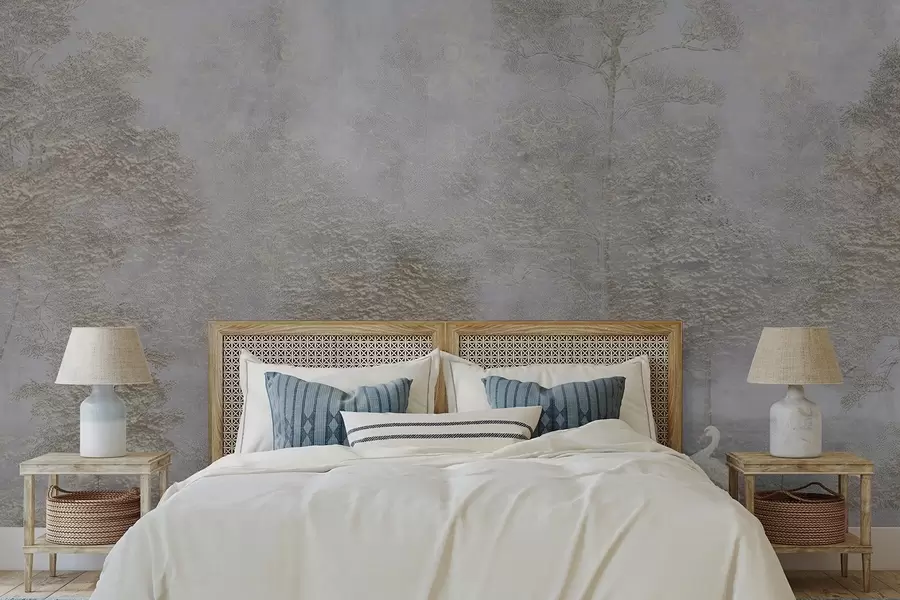 zidne murale Maglovita šuma s bijelom čapljom i mekom teksturom w04953