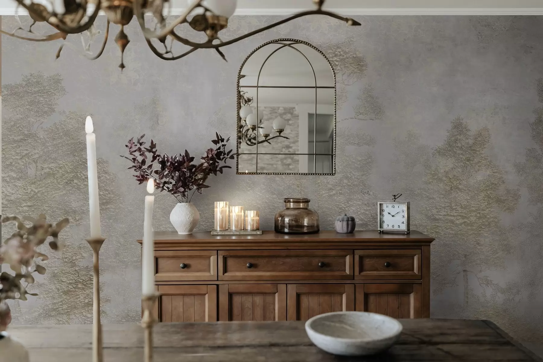 zidne murale Maglovita šuma s bijelom čapljom i mekom teksturom w04953