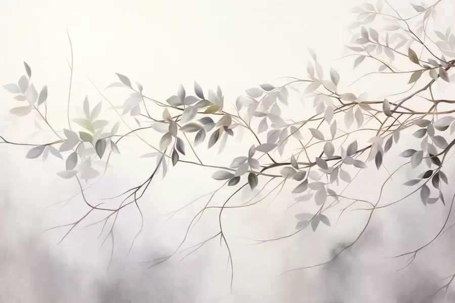 zidne murale Nježne teksturirane grane s prigušenim sivim, ljubičastim i zelenim lišćem na mekoj, zamućenoj pozadini w09336