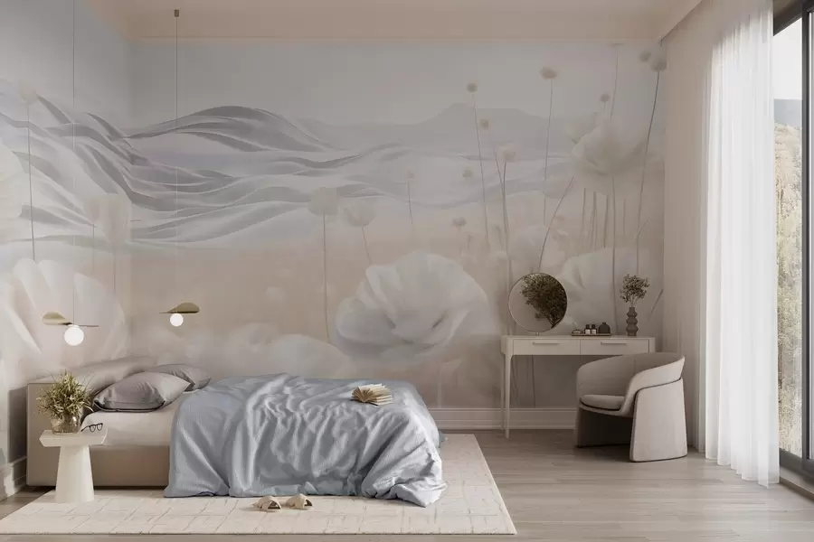 zidne murale Teksturirano polje kremastih makova s valovitim brežuljcima pod blijedoplavim nebom s mekim oblacima, pastelne boje w09553