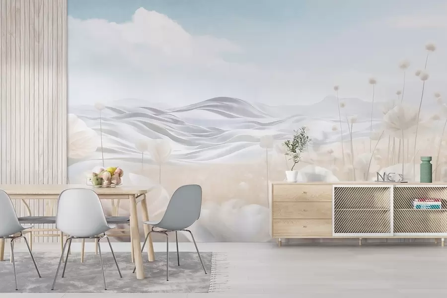 zidne murale Teksturirano polje kremastih makova s valovitim brežuljcima pod blijedoplavim nebom s mekim oblacima, pastelne boje w09553