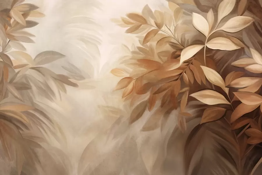 zidne murale Smeđe i bež lišće s mekim, mutnim teksturiranim lišćem, u slikarskom stilu s vidljivim potezima kista w09584